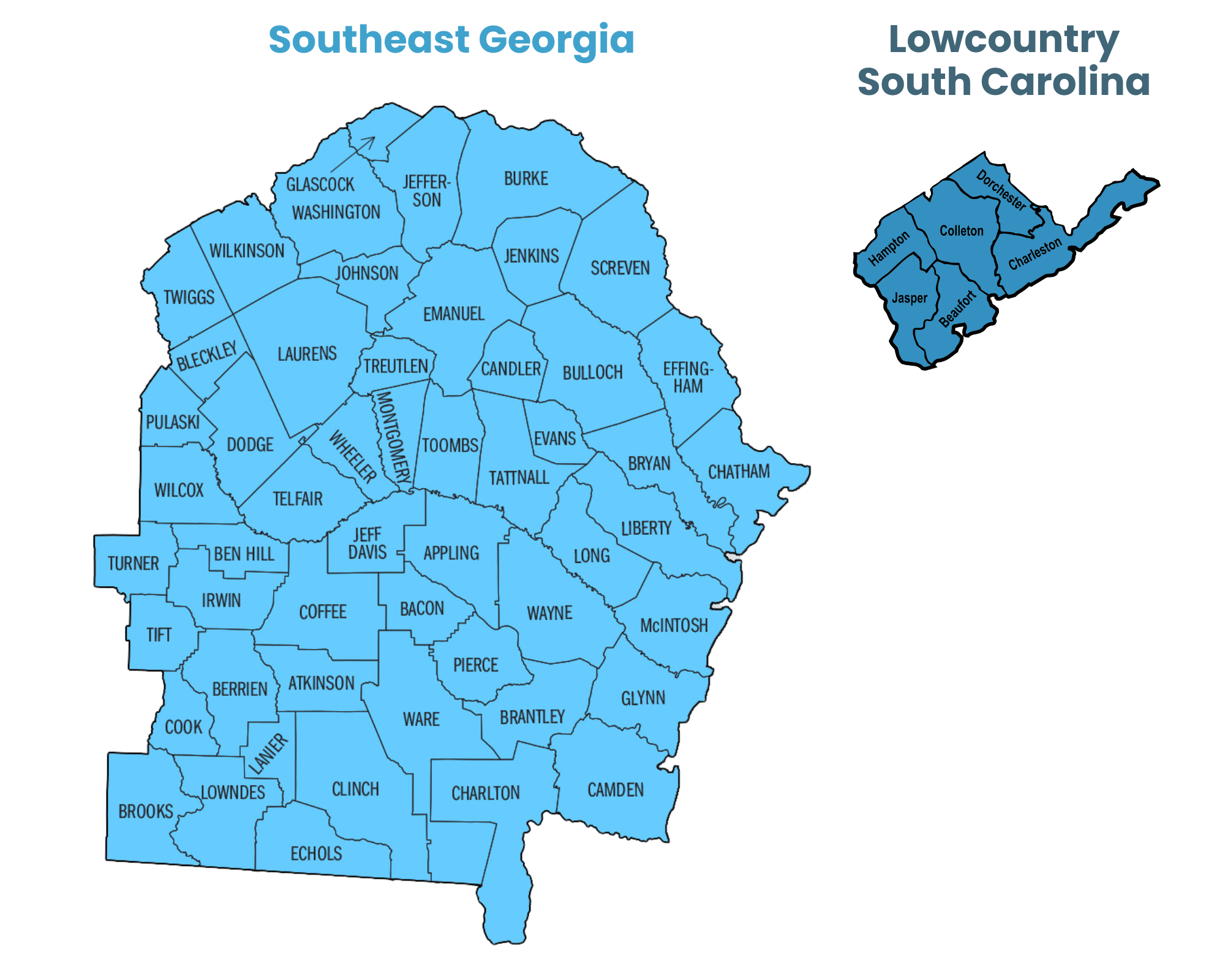 On the right left side, there is a map of the 53 counties that make up Southeast Georgia. On the right side there is a map that shows five counties that are a part of South Carolinas Low Country.